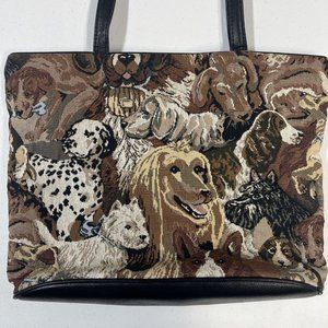 Vintage Tapestry Dog Print Tote Shoulder Bag Genuine Leather Handle